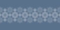 Monochrome Christmas seamless vector pattern Border with white lace snowflakes and circles on blue background. Royalty Free Stock Photo