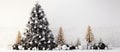 A monochrome Christmas tree stands amid gifts and decor under snowy skies