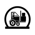 Monochrome circular emblem with forklift truck with forks