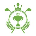 monochrome circular emblem with olive branchs with trophy cup and crown and golf sticks