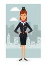 Monochrome city landscape frame background with colorful full body woman stewardess