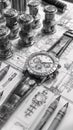 Monochrome Close-Up of a Luxury Watch with Technical Blueprints and Mechanical Components Royalty Free Stock Photo