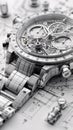 Monochrome Close-Up of a Luxury Watch with Technical Blueprints and Mechanical Components Royalty Free Stock Photo