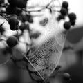 Monochrome close up of spider`s web hanging from red crab apple tree in autumn Royalty Free Stock Photo