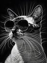 Monochrome closeup of a stylish Felidae with sunglasses