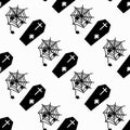 Monochrome coffins and cobweb on white background seamless pattern vector illustration