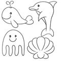 Monochrome Collection of cute cartoon characters from the sea, various smiling whales and dolphins