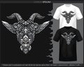 Monochrome color goat head mandala arts isolated on black and white t shirt