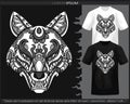 Monochrome color Kitsune head mandala arts isolated on black and white t shirt