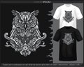 Monochrome color owl bird mandala arts isolated on black and white t shirt Royalty Free Stock Photo