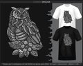 Monochrome color Owl bird mandala arts isolated on black and white t shirt Royalty Free Stock Photo
