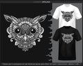 Monochrome color owl head mandala arts isolated on black and white t shirt Royalty Free Stock Photo