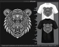 Monochrome color Tiger head mandala arts isolated on black and white t shirt Royalty Free Stock Photo
