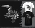 Monochrome color Toucan bird mandala arts isolated on black and white t shirt Royalty Free Stock Photo