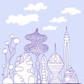 Monochrome, colorful fantastic city, cartoon sketch style