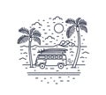 Monochrome composition with camper trailer or campervan, exotic palm trees, sea and sun drawn with contour lines. Summer