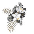 Monochrome composition with exotic plants. Two orchids, leaves of monstera and palm decorated by gold texture elements.