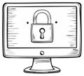 Monochrome Computer Screen with Security Padlock, Symbolizing Data Safety and Cyber Protection, Hand Drawn Illustration Royalty Free Stock Photo