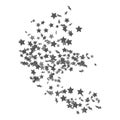 Monochrome confetti flying backdrop design. Star shaped elements flying. Festive vector background