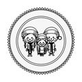 Monochrome contour circle with children with christmas clothes