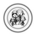 Monochrome contour circle with family with christmas clothes