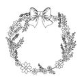 Monochrome contour with circular ornament with flowers and ribbon