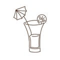 Monochrome contour with cocktail drink with lemon slice and decorative umbrella