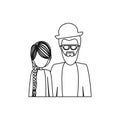 monochrome contour half body with dad with beard and glasses and daughter with braided hair