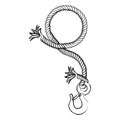 monochrome contour hand drawing of nautical break rope with metal hook Royalty Free Stock Photo