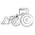 monochrome contour hand drawing of tractor loader with shovel