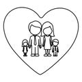 monochrome contour of heart with faceless family group