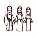 Monochrome contour with jesus and virgin mary and saint joseph holding hands