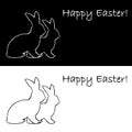 Monochrome contour silhouette of two Easter bunny