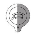 monochrome contour sticker with graduation hat icon in circular speech