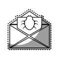 Monochrome contour sticker with open envelope mail with beetle virus