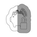 monochrome contour sticker of piggy bank with credit card and bills and coins protected
