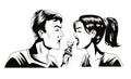 Monochrome couple singing with microphone characters pop art style