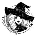 Monochrome cute witch wearing hat with stars Royalty Free Stock Photo