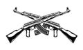 Monochrome detailed illustration of crossed kalashnikov assault rifle. Isolated vector template