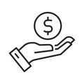 Monochrome donate icon vector illustration. Linear logo with charity hand and money coin donation