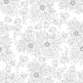 Monochrome doodle flower seamless pattern for adult coloring book. Black and white floral outline. Vector hand drawn Royalty Free Stock Photo