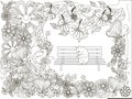 Monochrome doodle hand drawn flowers background, cat washes on the bench