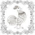 Monochrome doodle hand drawn stylized rooster in flowers frame