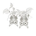 Monochrome doodle hand drawn two owls down the heads on branch. Anti stress