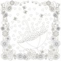Monochrome doodle hand drawn umbrella with hearts in flowers frame. Anti stress illustration