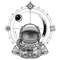 Monochrome drawing: animation Astronaut in a space suit, cosmic symbols. Royalty Free Stock Photo