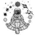 Monochrome drawing: animation Astronaut in a space suit holds planets of the solar system. Royalty Free Stock Photo