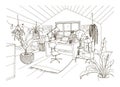 Monochrome drawing of cozy cabinet, mansard or attic room furnished in modern Scandinavian hygge style and decorated