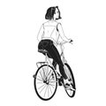 Monochrome drawing of gorgeous young woman riding bike. Girl dressed in stylish clothes sitting on bicycle hand drawn Royalty Free Stock Photo