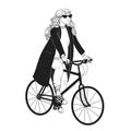 Monochrome drawing of pretty young woman riding bicycle. Girl dressed in trendy apparel sitting on bike hand drawn with